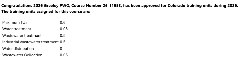 Screenshot of TU's approved for Greeley PWO 2026